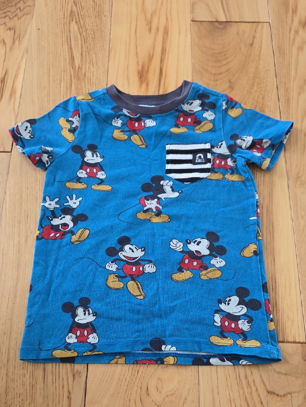RAGS Disney Blue Mickey Mouse Allover Print Short Sleeve Tee with Striped Pocket